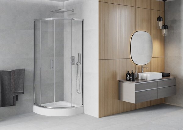 Mexen Rio polkrožna pršna kabina 70 x 70 cm, prozorna, krom + tuš kad, bela - 863-070-070-01-00-4710