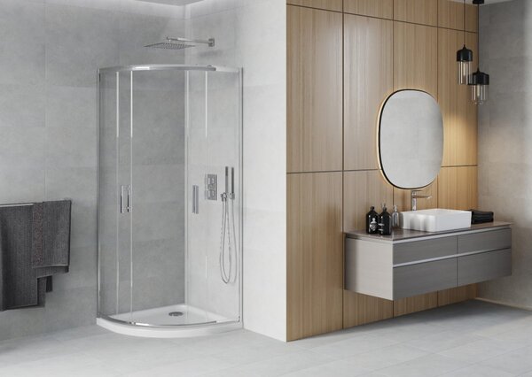 Mexen Rio polkrožna tuš kabina 80 x 80 cm, prozorna, krom + tuš kad Flat, bela - 863-080-080-01-00-4110