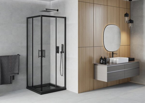 Mexen Rio kvadratna tuš kabina 80 x 80 cm, prozorna, črna + tuš kad Flat, črna - 860-080-080-70-00-4070B