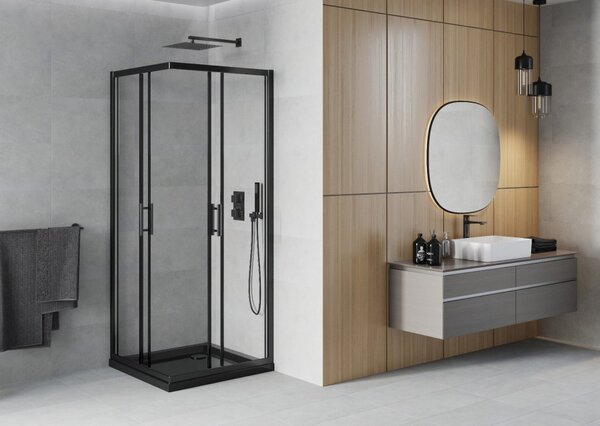Mexen Rio kvadratna tuš kabina 80 x 80 cm, prozorna, črna + tuš kad Flat, črna - 860-080-080-70-00-4070B