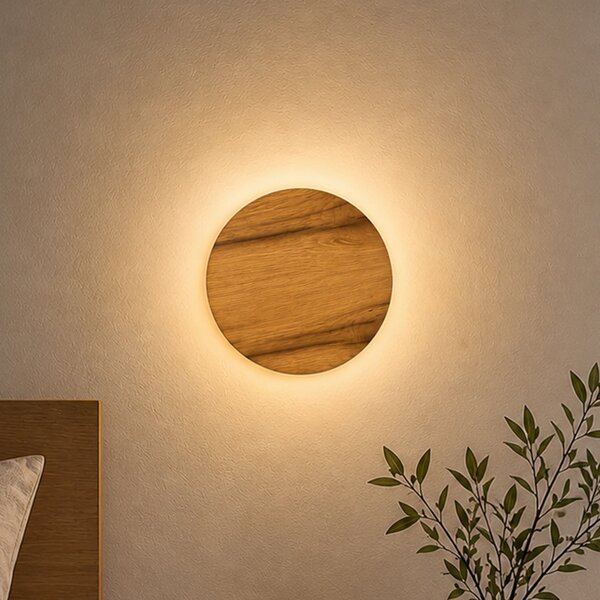 Elobra LED-stenna svetilka Havana S, hrastov les/kovina, Ø 19 cm, IP44, Les, Kopalnica, Les