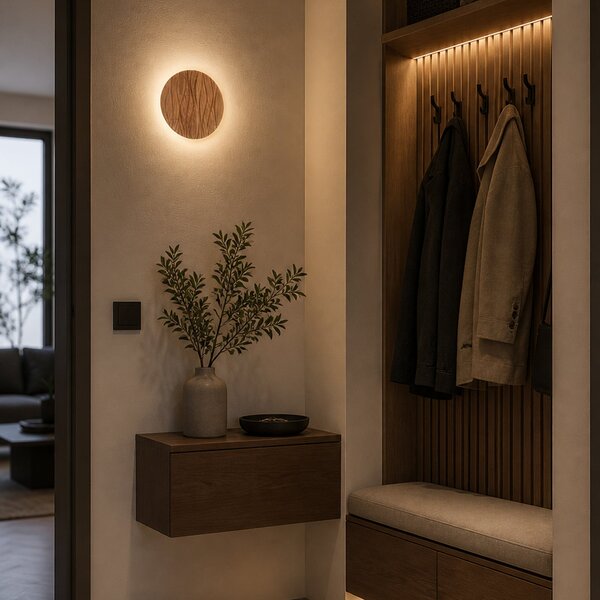 Elobra LED-stenna svetilka Atacama, v barvi hrasta, Ø 19 cm, les, Les, Dnevna soba / jedilnica, Les