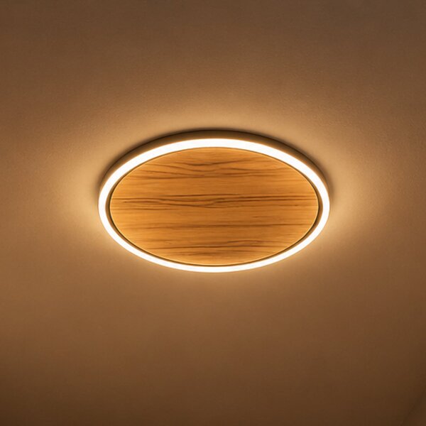 Elobra LED-stropna svetilka Havana S, hrastov les/kovina, Ø 38 cm, zatemnjen, Les, Dnevna soba / jedilnica, Les