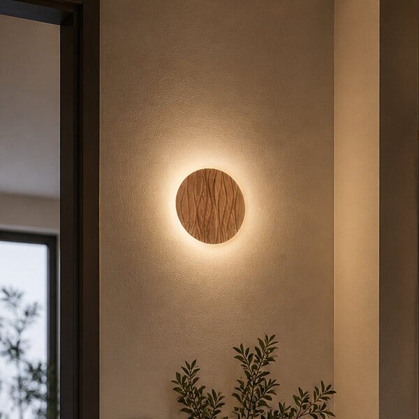 Elobra LED-stenna svetilka Atacama, v barvi hrasta, Ø 19 cm, les, Les, Dnevna soba / jedilnica, Les