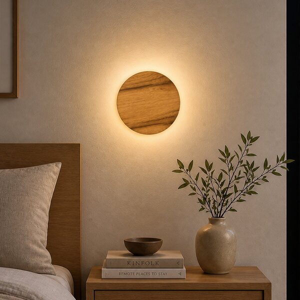 Elobra LED-stenna svetilka Havana S, hrastov les/kovina, Ø 19 cm, IP44, Les, Kopalnica, Les