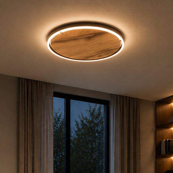 Elobra LED-stropna svetilka Havana M, hrastov les/kovina, premer 57 cm, zatemnjen, Les, Dnevna soba / jedilnica, Les