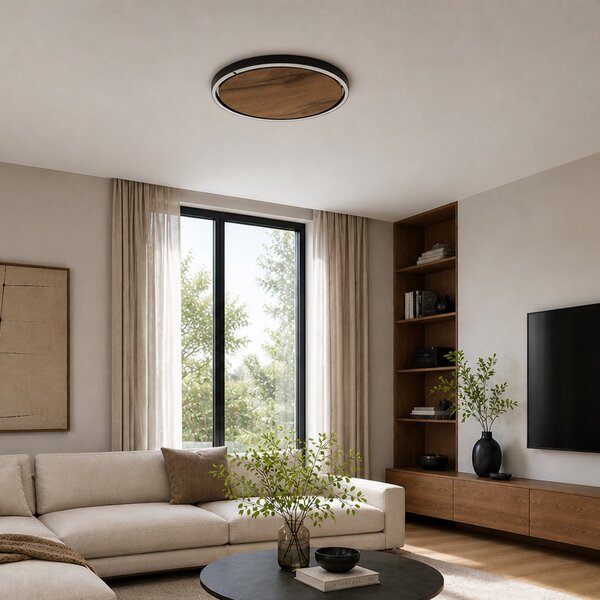 Elobra LED-stropna svetilka Havana M, hrastov les/kovina, premer 57 cm, zatemnjen, Les, Dnevna soba / jedilnica, Les