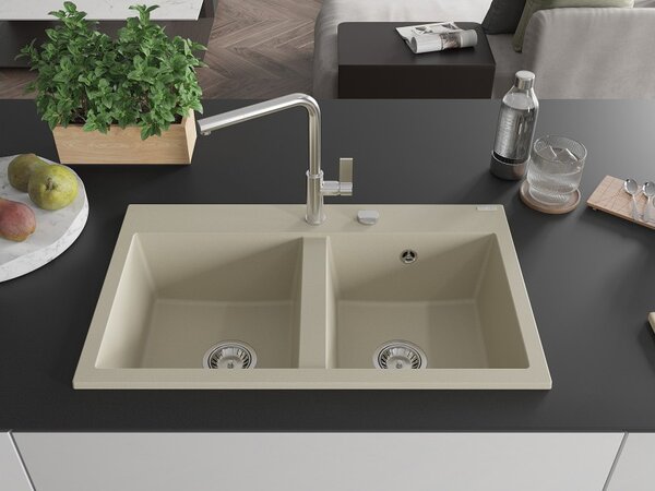 Mexen Hektor granitno pomivalno korito 2-prekatno 800 x 480 mm, bež, kromiran sifon - 6521802000-69