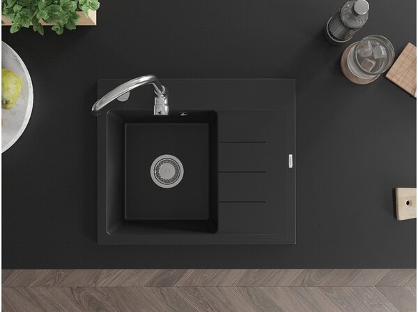Mexen Ben Granitno pomivalno korito z enim predalom z odkapnikom, levo 600 x 500 mm, črno, sifon krom - 6522605000-77