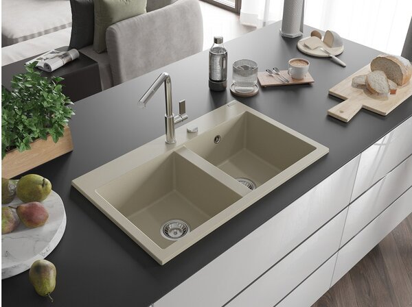 Mexen Hektor granitno pomivalno korito 2-prekatno 800 x 480 mm, bež, kromiran sifon - 6521802000-69