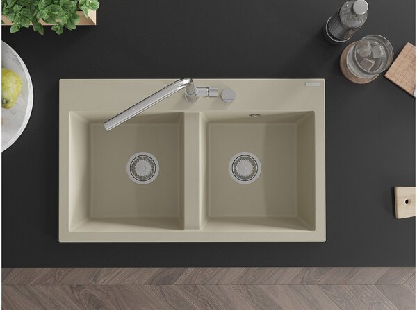 Mexen Hektor granitno pomivalno korito 2-prekatno 800 x 480 mm, bež, kromiran sifon - 6521802000-69