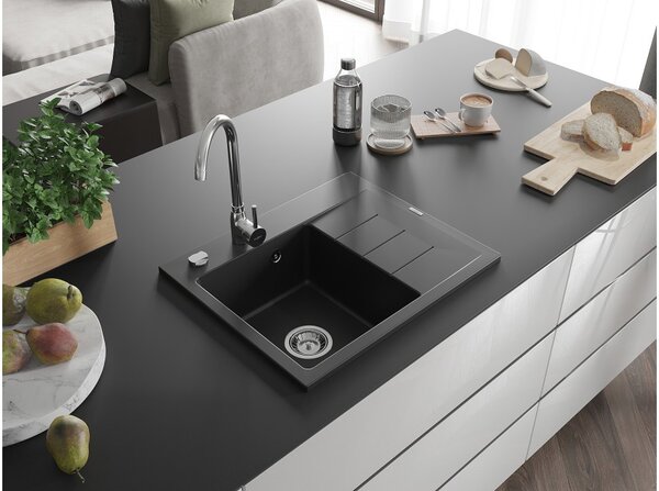 Mexen Ben Granitno pomivalno korito z enim predalom z odkapnikom, levo 600 x 500 mm, črno, sifon krom - 6522605000-77