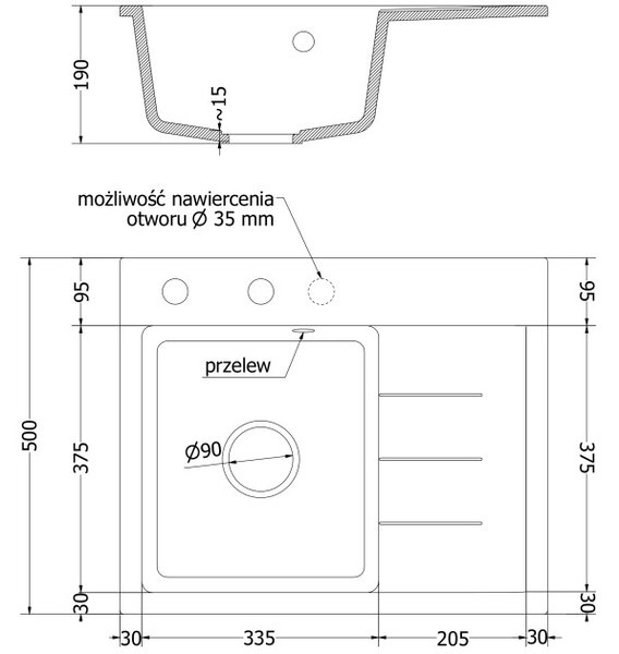 Mexen Ben Granitno pomivalno korito z enim predalom z odkapnikom, levo 600 x 500 mm, črno, sifon krom - 6522605000-77