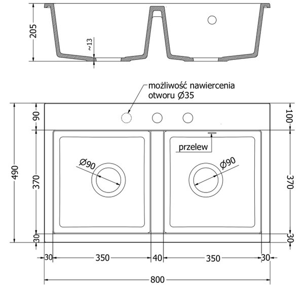Mexen Hektor granitno pomivalno korito 2-prekatno 800 x 480 mm, bež, kromiran sifon - 6521802000-69