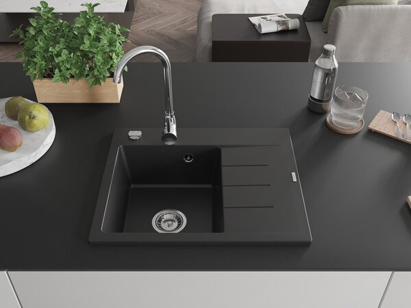 Mexen Ben Granitno pomivalno korito z enim predalom z odkapnikom, levo 600 x 500 mm, črno, sifon krom - 6522605000-77