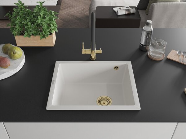 Mexen Pedro granitno pomivalno korito z eno posodo 560 x 460 mm, belo, zlati sifon - 6508561000-20-G