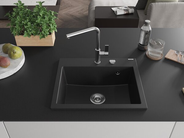 Mexen Oscar granitno pomivalno korito, 1-komorno, 580 x 490 mm, črno, kromiran sifon - 6519581000-77
