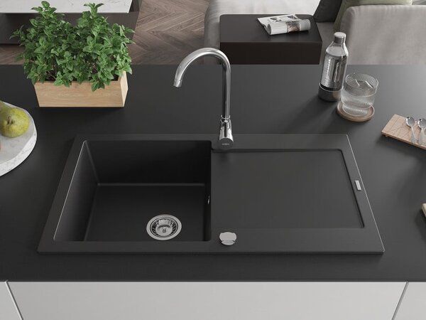 Mexen Leo Granitno pomivalno korito z eno posodo in odcejalnikom 900 x 500 mm, črno, kromiran sifon - 6501901010-77