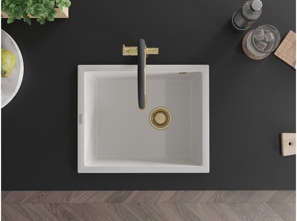Mexen Pedro granitno pomivalno korito z eno posodo 560 x 460 mm, belo, zlati sifon - 6508561000-20-G