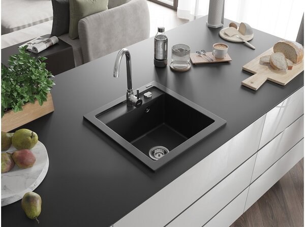 Mexen Vito granitno pomivalno korito z 1 prekatom 520 x 490 mm, črno, sifon krom - 6503521000-77