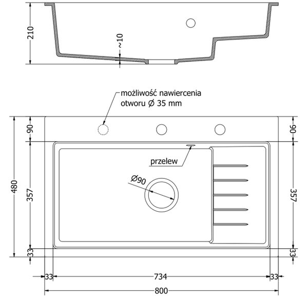 Mexen Omar graniteno pomivalno korito z eno komoro 800 x 480 mm, bež, sifon zlat - 6520801005-69-G