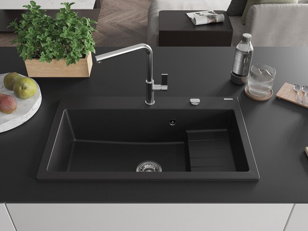 Mexen Omar granitno pomivalno korito z enojno komoro 800 x 480 mm, črno, sifon krom - 6520801005-77