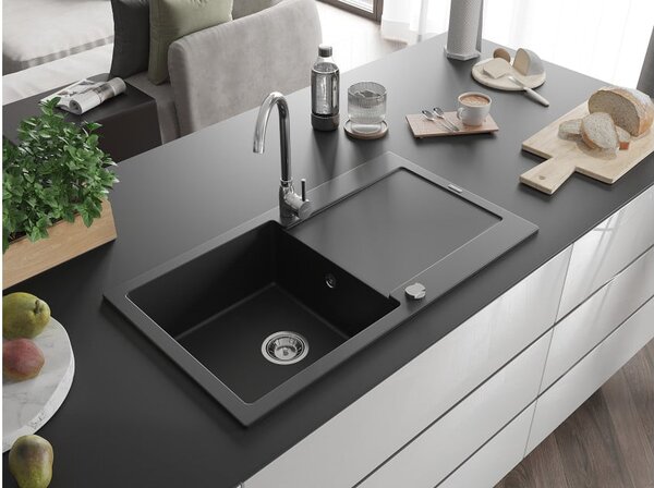Mexen Leo Granitno pomivalno korito z eno posodo in odcejalnikom 900 x 500 mm, črno, kromiran sifon - 6501901010-77
