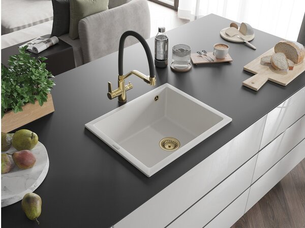 Mexen Pedro granitno pomivalno korito z eno posodo 560 x 460 mm, belo, zlati sifon - 6508561000-20-G