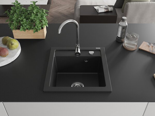 Mexen Vito granitno pomivalno korito z 1 prekatom 520 x 490 mm, črno, sifon krom - 6503521000-77
