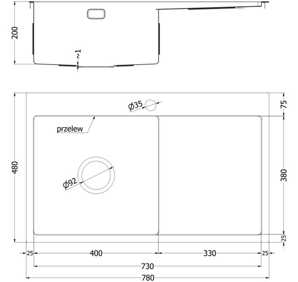 Mexen Exar jeklena pomivalno korito z eno posodo in odcejalnikom, levo 780 x 480 mm, inox - 6433781010L-01