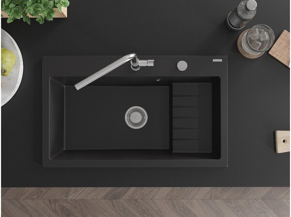 Mexen Omar granitno pomivalno korito z enojno komoro 800 x 480 mm, črno, sifon krom - 6520801005-77