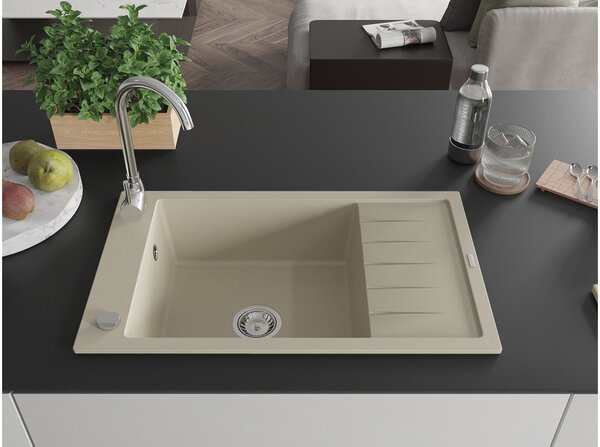 Mexen Elias granitno pomivalno korito z eno posodo in odcejalnikom 795 x 480 mm, bež, kromiran sifon - 6511791005-69