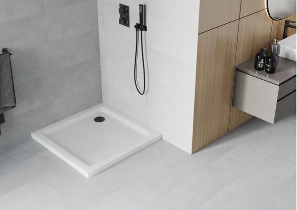 Mexen Flat kvadratna tuš kad slim 90 x 90 cm, bela, črn sifon - 40109090B