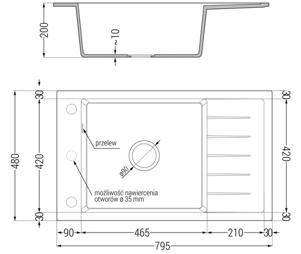 Mexen Elias granitno pomivalno korito z eno posodo in odcejalnikom 795 x 480 mm, bež, kromiran sifon - 6511791005-69