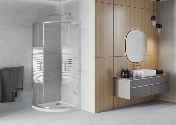 Mexen Rio polkrožna tuš kabina 80 x 80 cm, bele črte, krom + Flat pladenj, bel - 863-080-080-01-20-4110