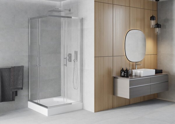 Mexen Rio kvadratna pršna kabina 90 x 90 cm, prozorna, krom + kad, bela - 860-090-090-01-00-4510