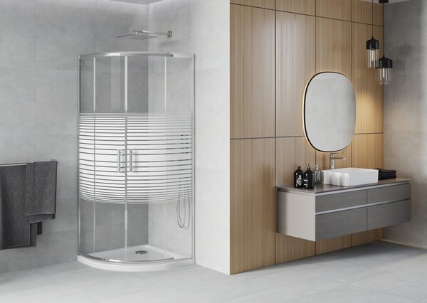 Mexen Rio polkrožna tuš kabina 80 x 80 cm, bele črte, krom + Flat pladenj, bel - 863-080-080-01-20-4110