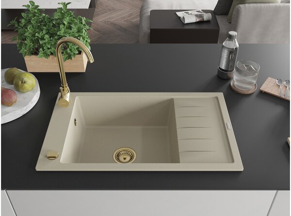 Mexen Elias granitno pomivalno korito z eno komoro, z odcejalnikom 795 x 480 mm, bež, zlati sifon - 6511791005-69-G