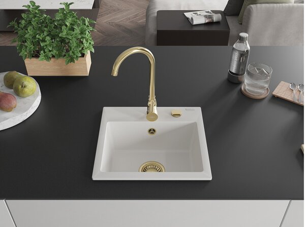 Mexen Milo granitno pomivalno korito z eno posodo 435 x 410 mm, belo, zlat odtok - 6505441000-20-G