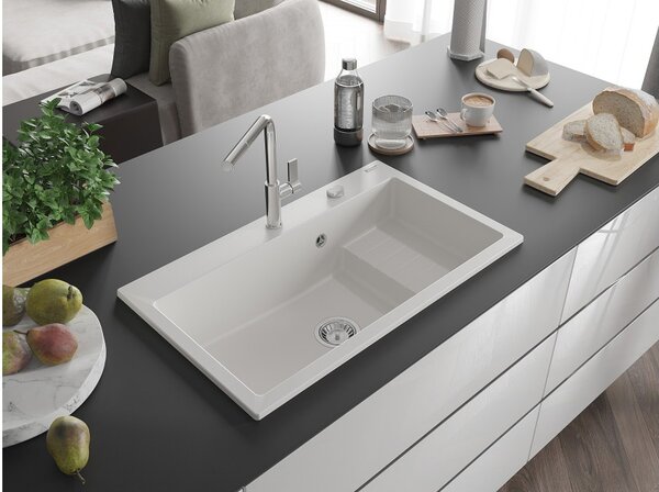 Mexen Omar granitno pomivalno korito 1-komorno 800 x 480 mm, belo, sifon krom - 6520801005-20