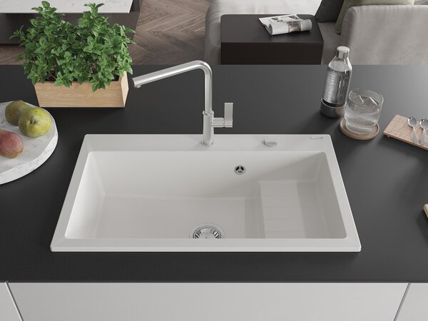 Mexen Omar granitno pomivalno korito 1-komorno 800 x 480 mm, belo, sifon krom - 6520801005-20