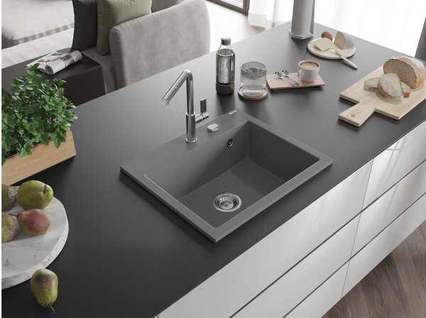 Mexen Oscar granitno korito za pomivalno korito z eno posodo 580 x 490 mm, sivo, kromirana sifon - 6519581000-71