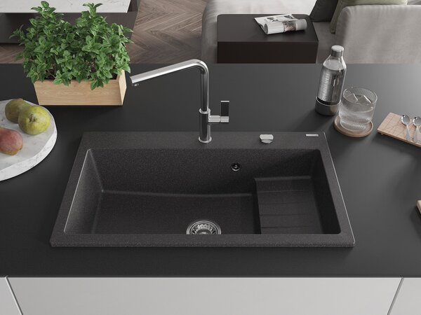 Mexen Omar granitno korito za pomivalno korito, enokomorno, 800 x 480 mm, črno s pegami, kromiran sifon - 6520801005-76