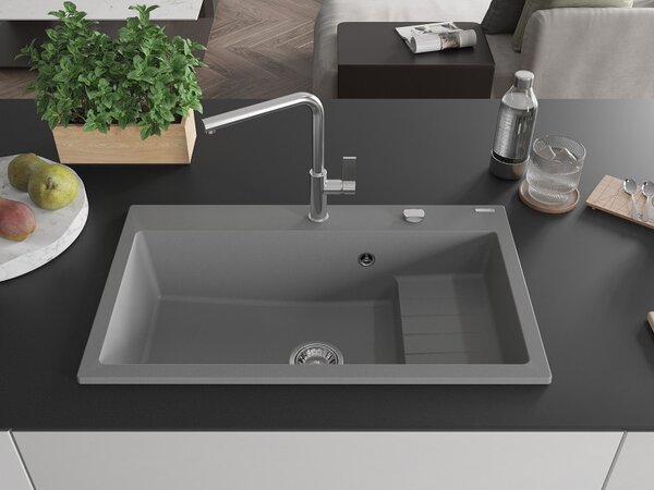 Mexen Omar granitno pomivalno korito z 1 komoro 800 x 480 mm, sivo, kromiran sifon - 6520801005-71