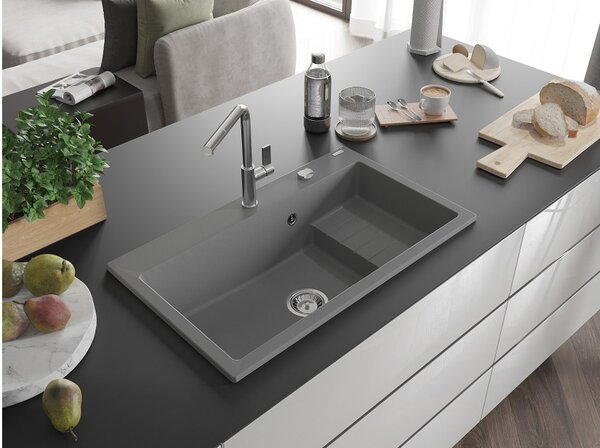 Mexen Omar granitno pomivalno korito z 1 komoro 800 x 480 mm, sivo, kromiran sifon - 6520801005-71
