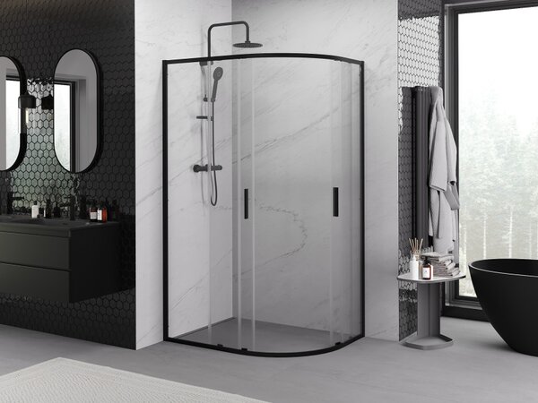 Mexen Exo asimetrična polkrožna drsna prha 90 x 80 cm, prozorna, črna - 8132-090-080-70-00