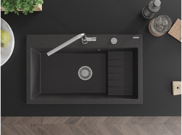 Mexen Omar granitno korito za pomivalno korito, enokomorno, 800 x 480 mm, črno s pegami, kromiran sifon - 6520801005-76
