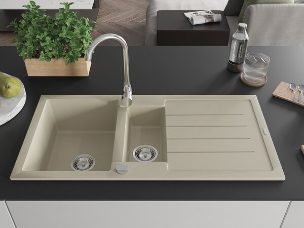 Mexen Andres granitno pomivalno korito 1,5-komorno z odcejalnikom 1000 x 500 mm, bež, kromiran sifon - 6515101510-69