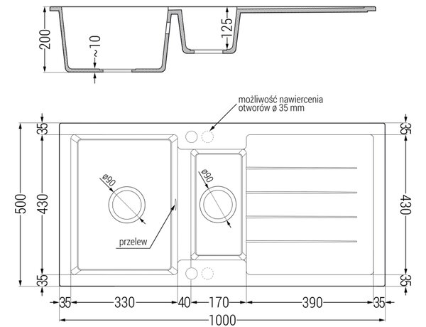 Mexen Andres granitno pomivalno korito 1,5-komorno z odcejalnikom 1000 x 500 mm, bež, kromiran sifon - 6515101510-69