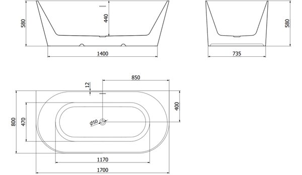 Mexen Oval Slim samostoječa kopalna kad stenska 170 x 80 cm, bela, bel preliv - 52661708000-20